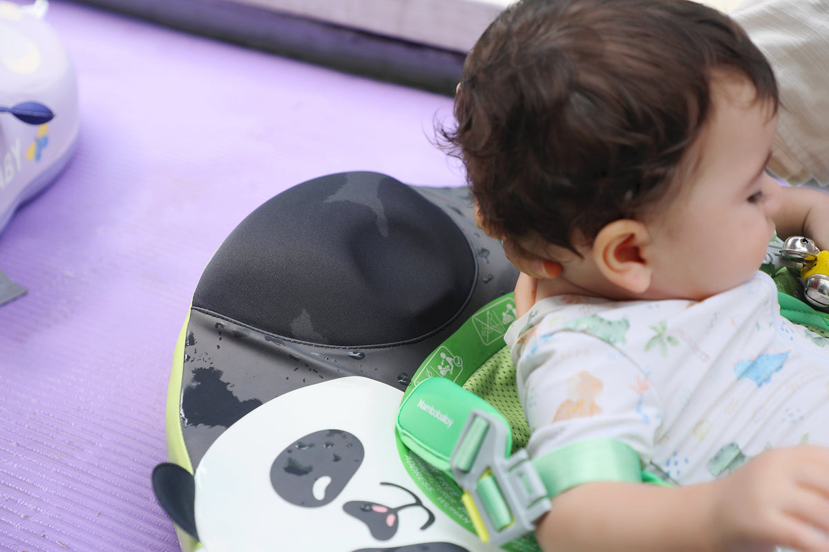 The ergonomic 45-degree headrest of the Mambobaby™ Panda Float, designed for baby neck support and comfort.