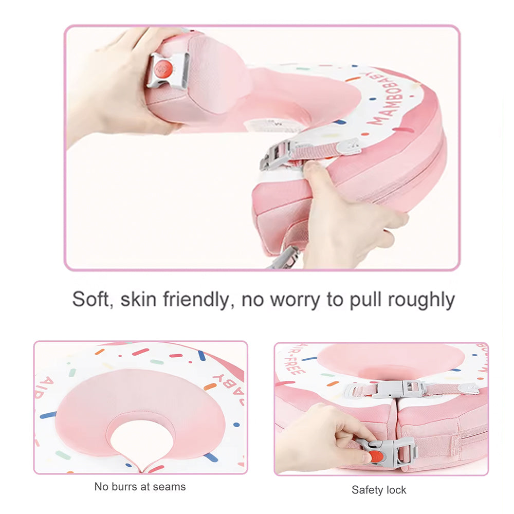Instructional guide showing how to securely lock the Mambobaby™ Donut Neck Float harness.