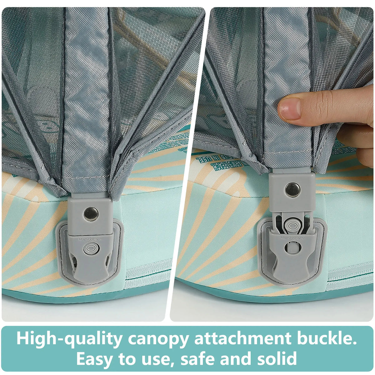 Instructional guide on how to lock and unlock the Mambobaby safety harness for a secure, anti-slip fit.