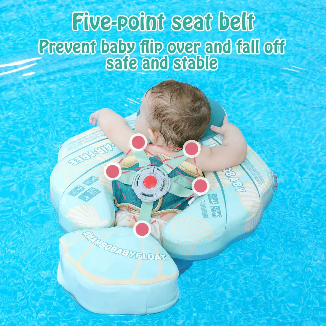 Mambobaby professional 5-point safety harness buckles, providing car-seat level security for babies in the water.
