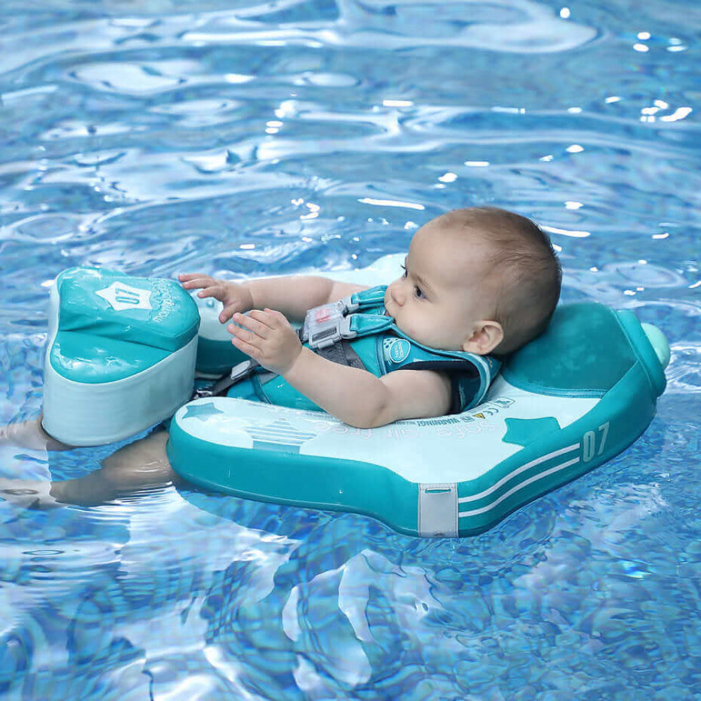 Diagram showing breaststroke and backstroke swim positions supported by the Mambobaby™ Airplane trainer.