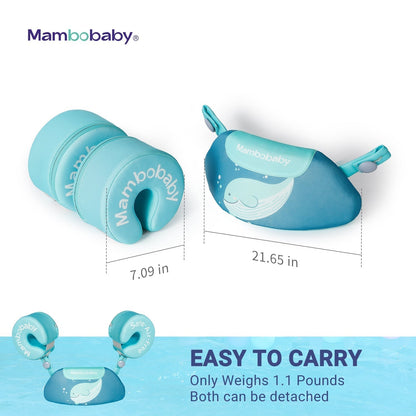 Sizing specifications and bust dimensions for the Mambobaby™ Air-Free Armbands Float Set.