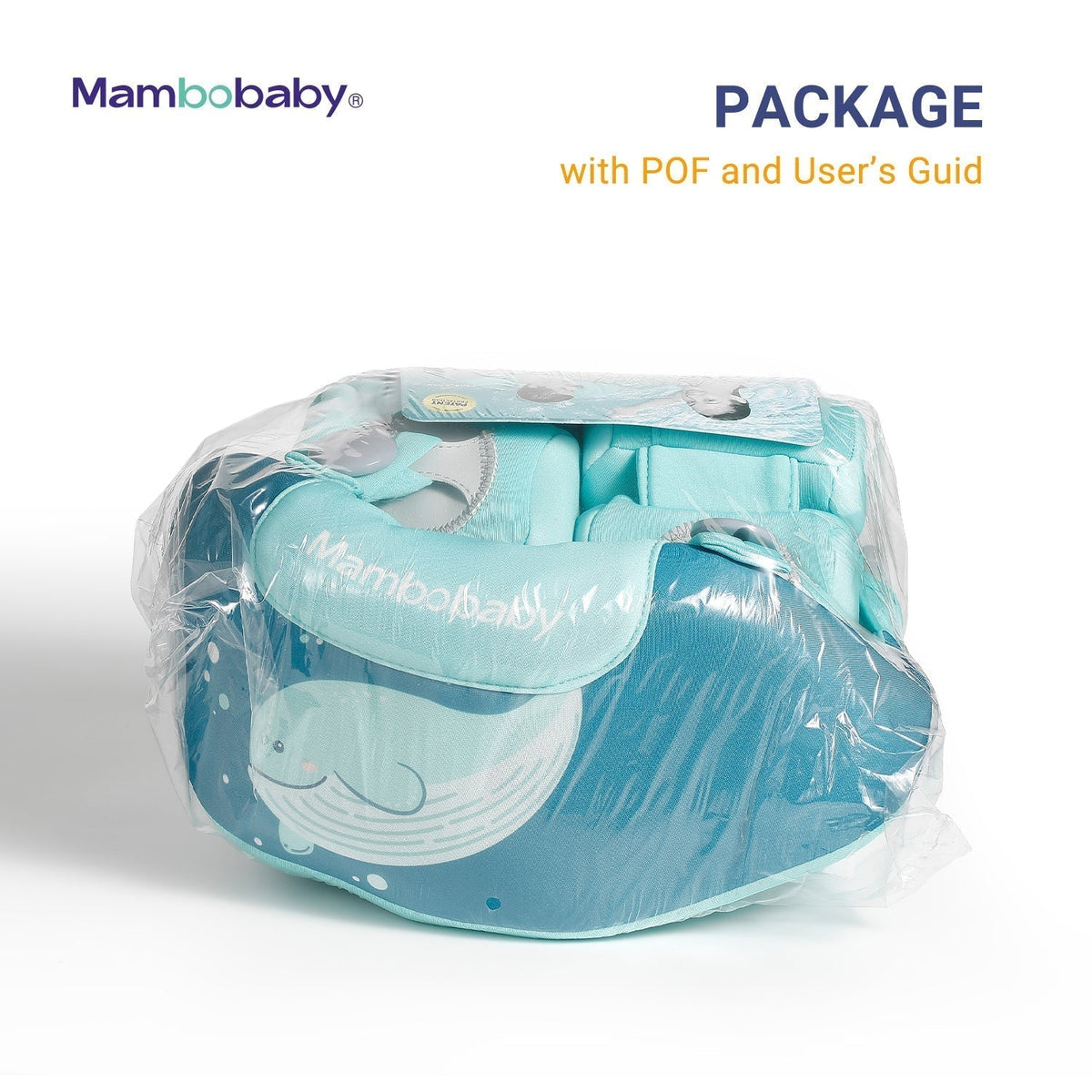 Box contents: Mambobaby™ Air-Free Armbands, Chest Float, and Safety Harness.