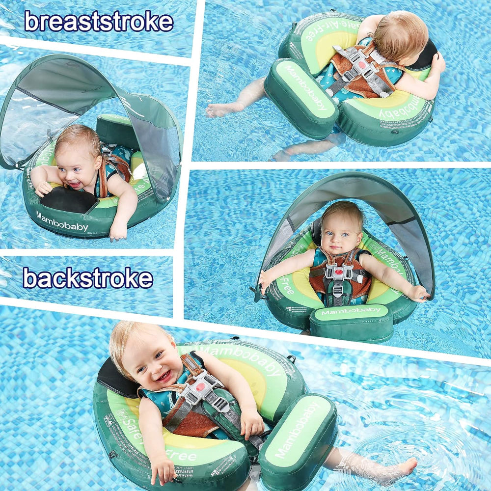 Diagram showing breaststroke and backstroke swim positions supported by the Mambobaby™ Avocado swim trainer.