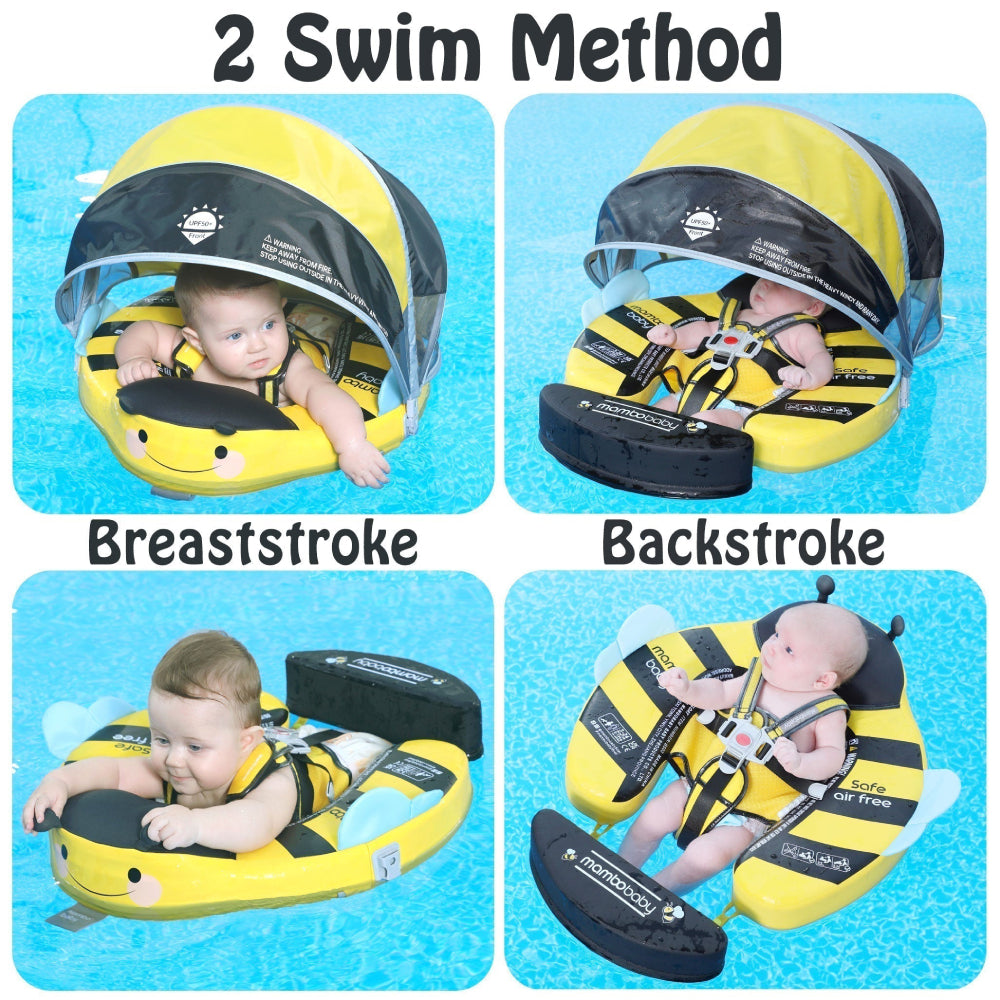 Diagram showing breaststroke and backstroke swim positions supported by the Mambobaby™ Bee swim trainer.