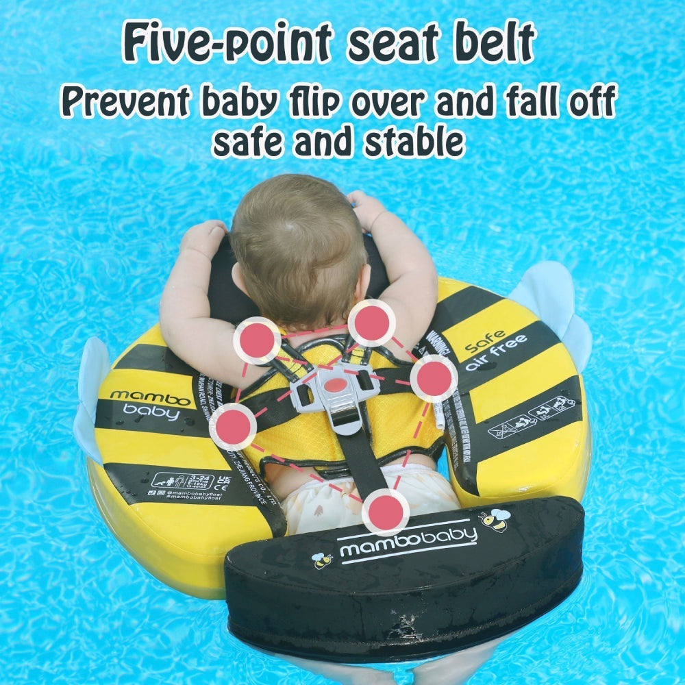 Close-up of the professional 5-point safety buckles on the Mambobaby™ Bee Float for child security.
