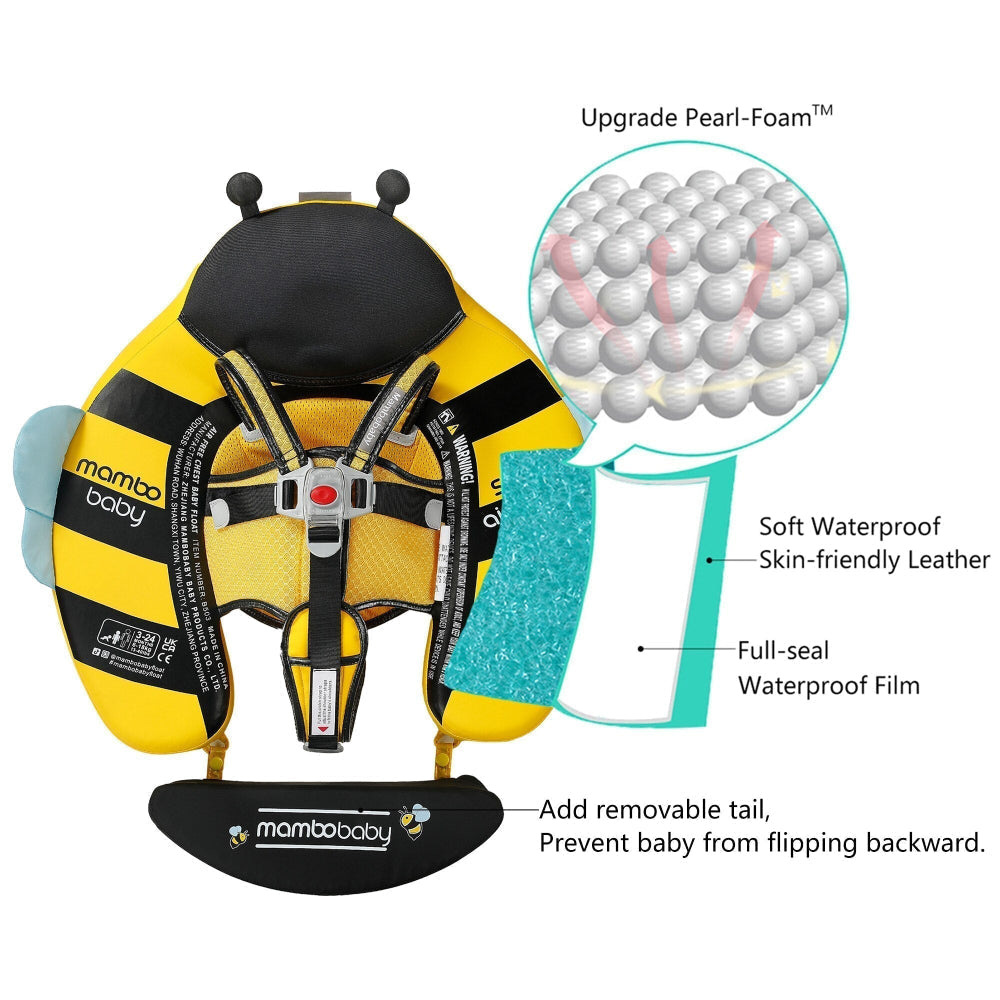 Diagram showing the 3-layer material of Mambobaby™ Bee: Skin-friendly fabric, safety barrier, and PearlFoam™ core.