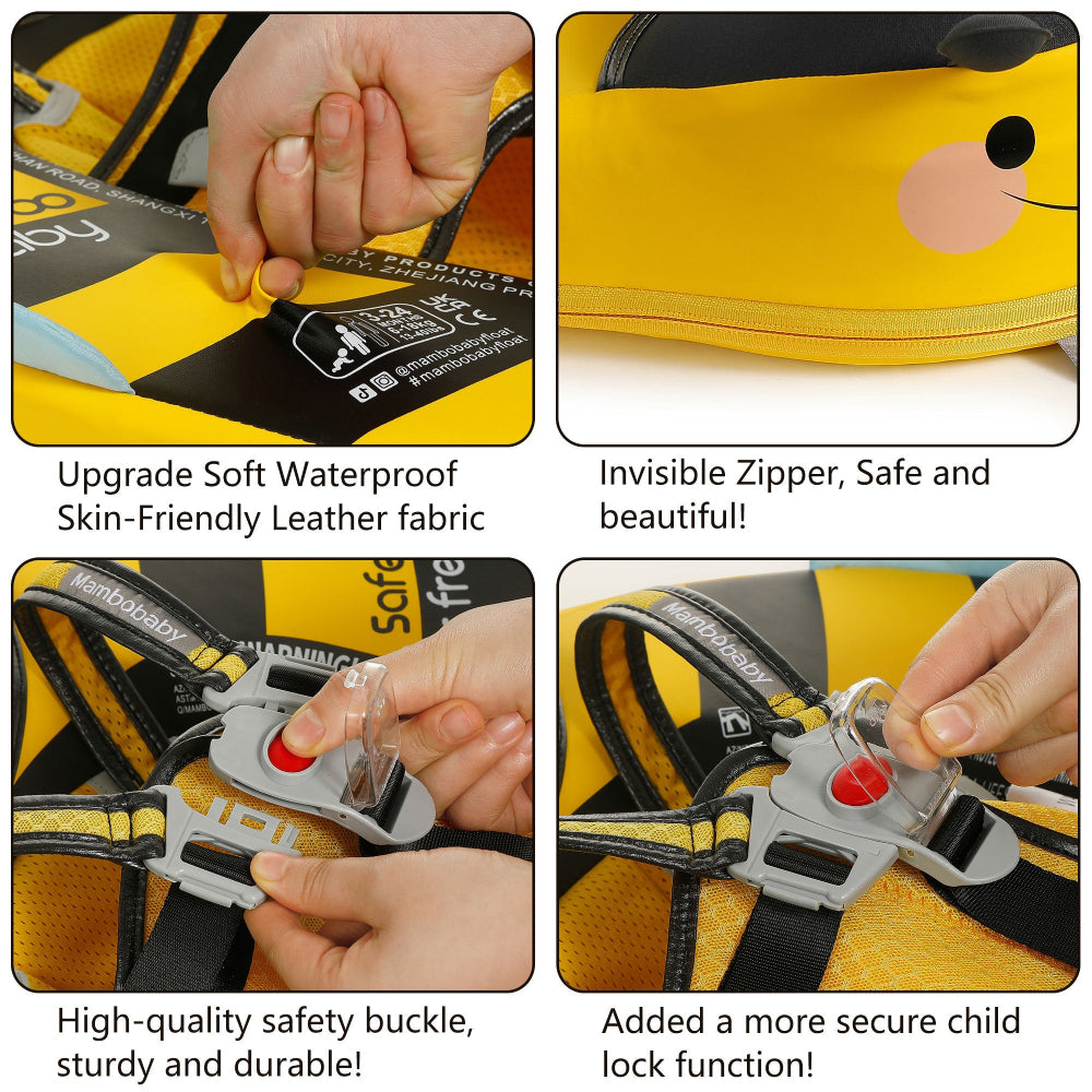 Close-up of the child-proof safety lock and unlock button on the Mambobaby™ Bee Float harness.