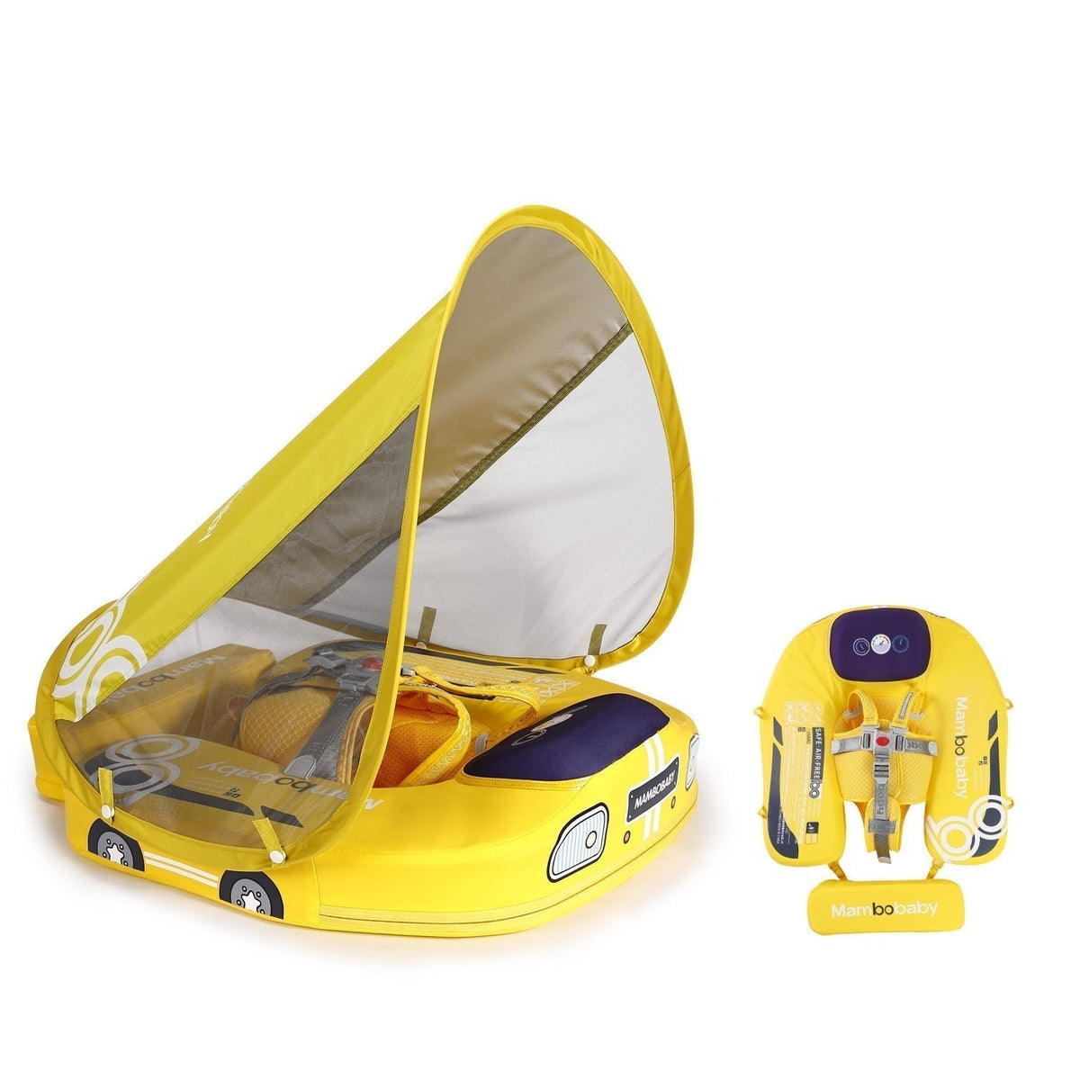The Mambobaby™ Car Float in vibrant blue, featuring a non-inflatable PearlFoam™ core and a stylish car theme for babies 3-24 months.