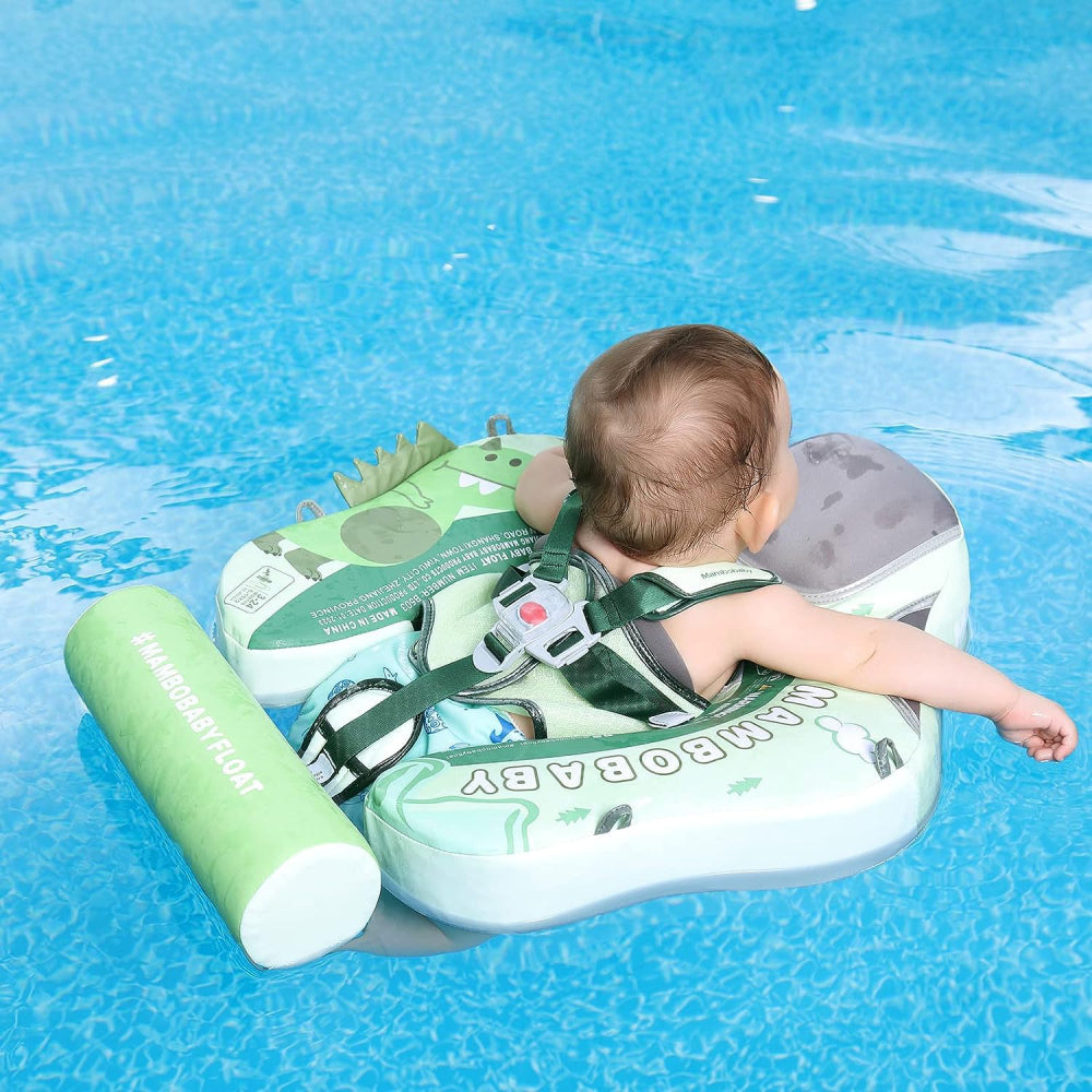 Comparison diagram showing breaststroke and backstroke swim positions supported by the Mambobaby™ Dinosaur trainer.