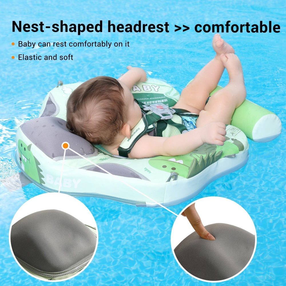 The ergonomic 45-degree headrest of the Mambobaby™ Dinosaur Float, designed for baby neck support and comfort.