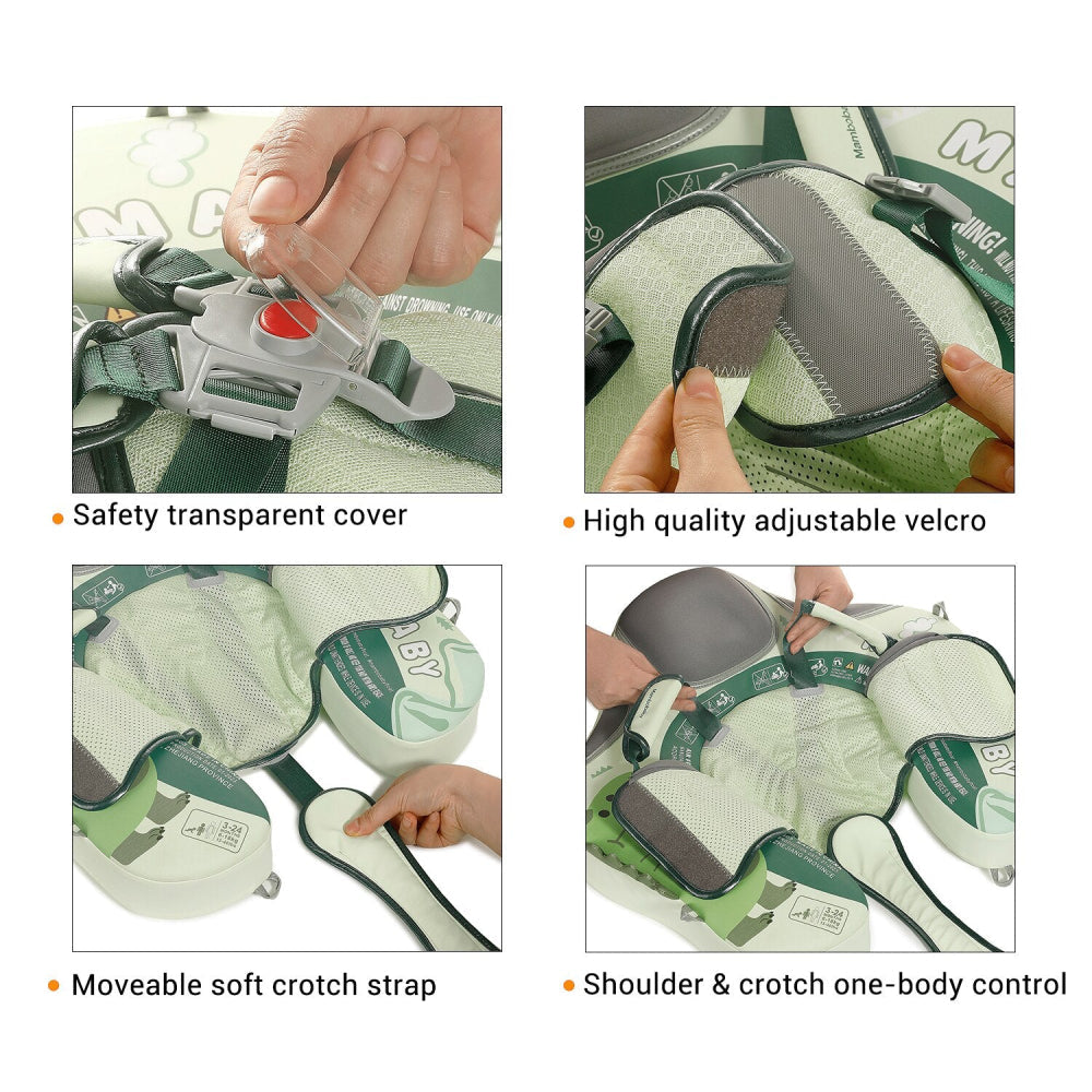 Visual guide showing how to securely lock and unlock the Mambobaby™ Dinosaur Float professional safety harness.