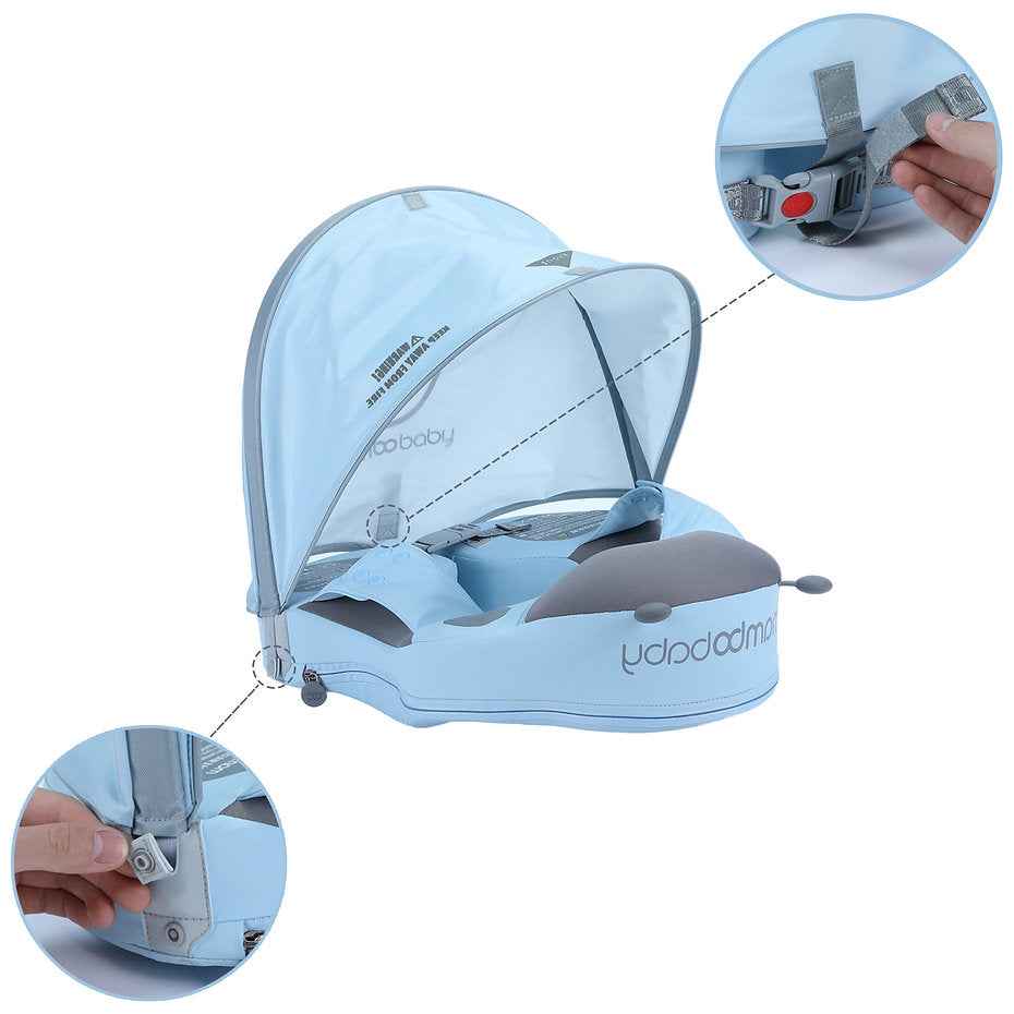 The secure four-point support harness of the Mambobaby™ Ladybug Float ensuring stability in the water.