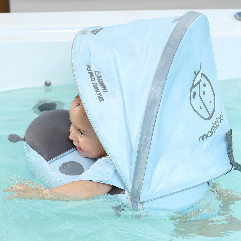 Mambobaby™ Ladybug Float with UPF 50+ UV sunshield canopy providing 98% solar protection for toddlers.