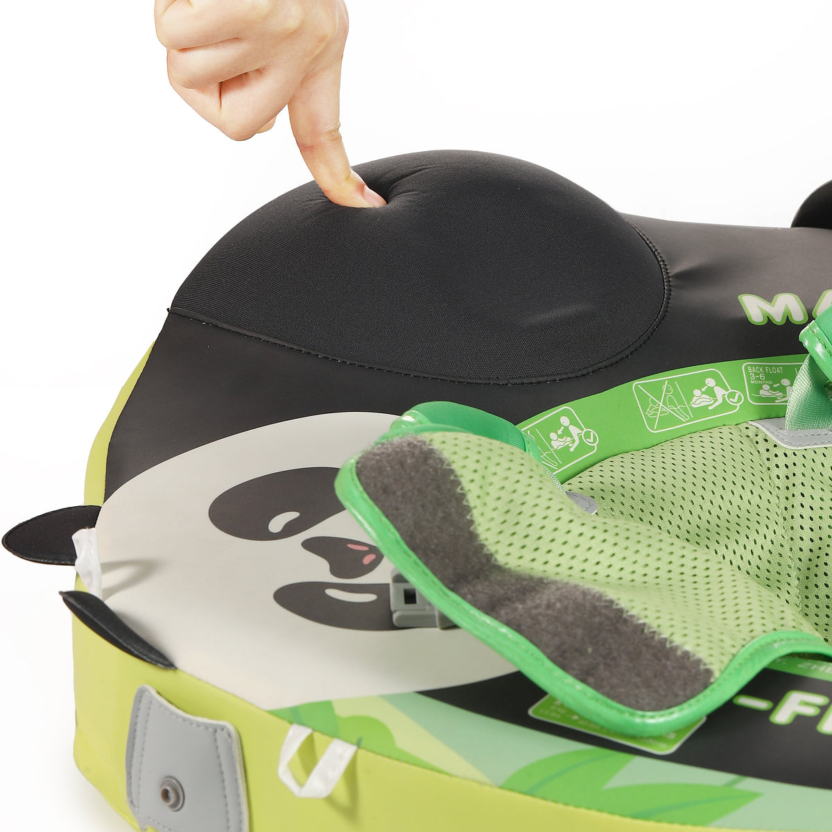 The ergonomic 45-degree headrest of the Mambobaby™ Panda Float, designed for baby neck support and comfort.