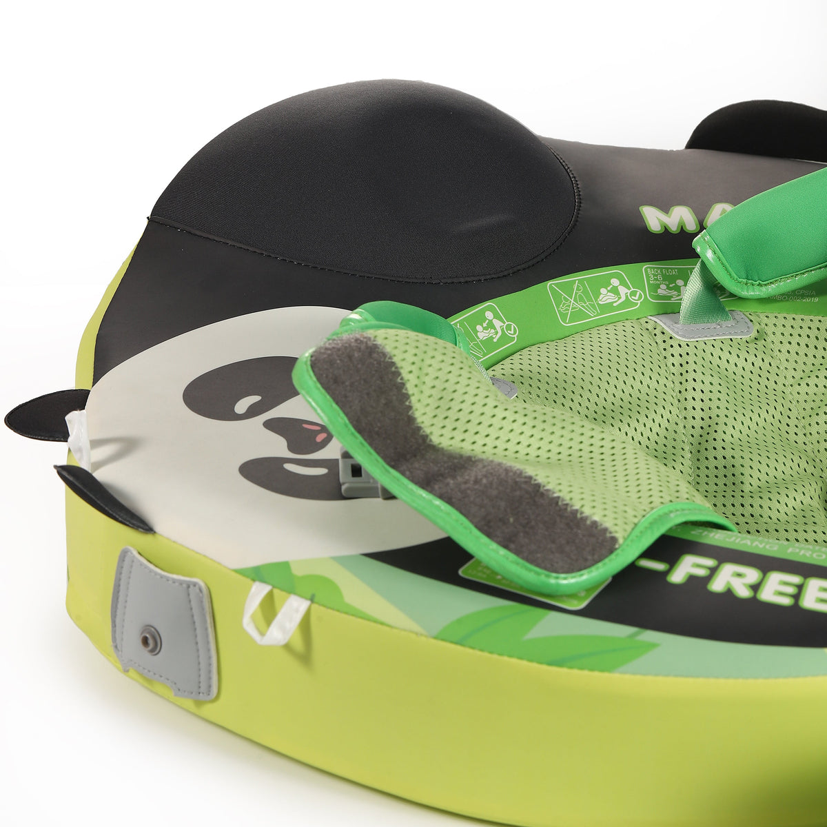 Close-up of the Mambobaby™ Panda Float child-proof safety lock and unlock button detail on the harness.