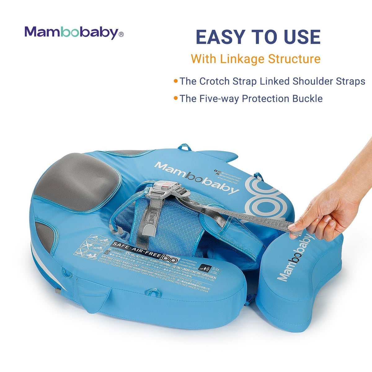 The professional 5-point safety buckle system of the Mambobaby™ float designed like a luxury car seat for babies.